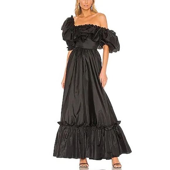LoveShackFancy Tara Off-the-shoulder Ruffle-trim Taffeta Dress black size 2 - Picture 4 of 11